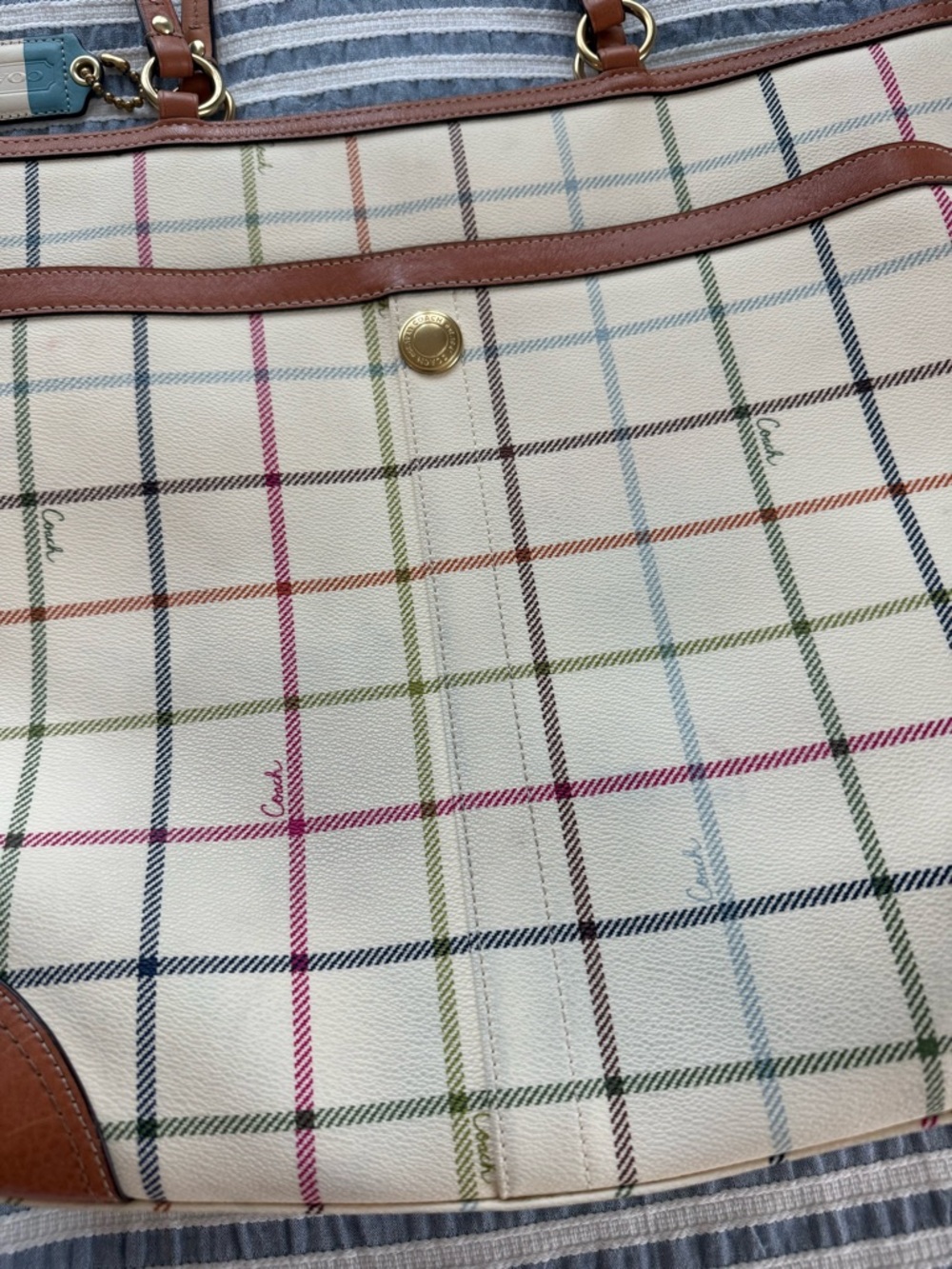 2008 Coach Heritage Cream Plaid Tote with Teal Center Stripe and Brown Trim - Picture 4 of 9